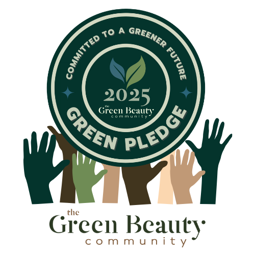 Green Pledge Certified logo from Green Beauty Community, symbolizing sustainable beauty, clean salon products, and low-waste haircare