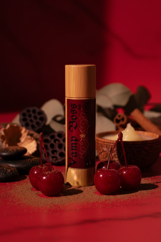 Vamp Boss Vamp Stick Lip Rejuvenation balm in bamboo container on gothic red background — natural organic lip treatment with Ayurvedic botanicals. Cherries and cocoa powder are next to a Vamp Stick to showcase this maraschino cherry and hot cocoa naturally scented lip balm.