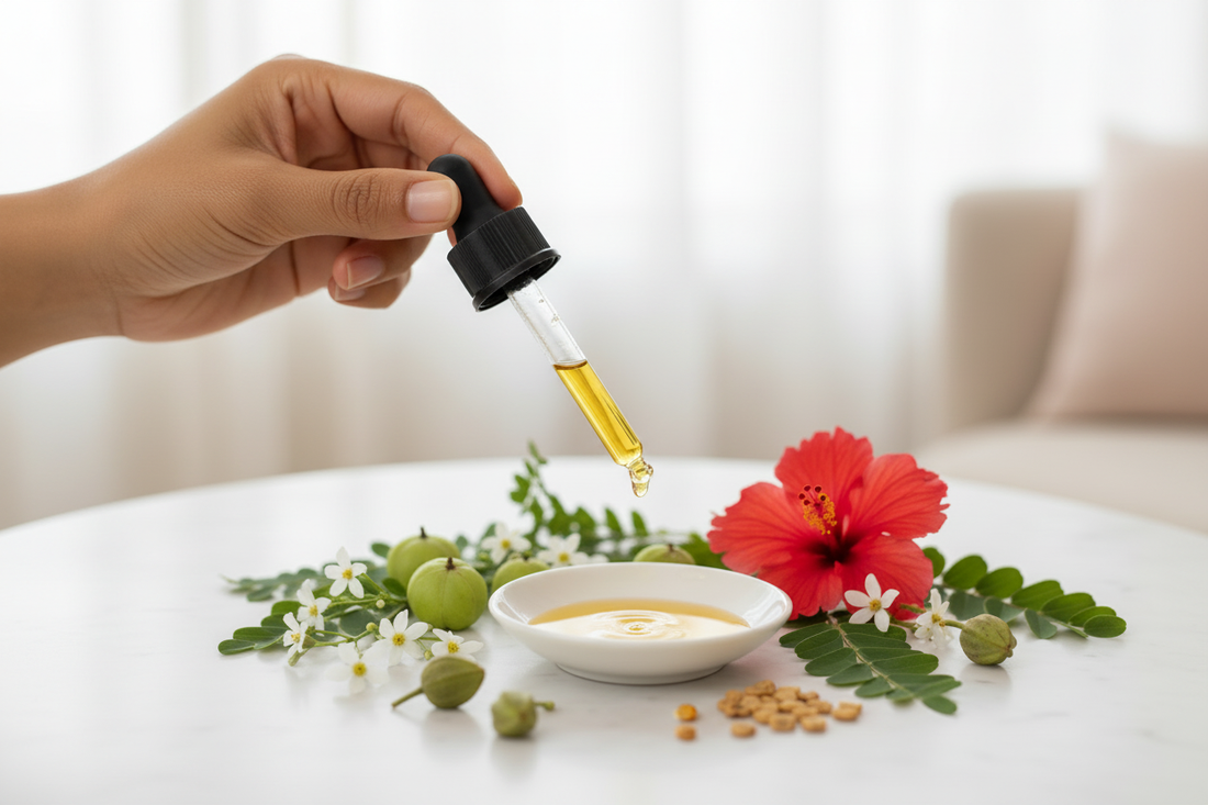A golden-brown hand holding a black dropper releasing amber Ayurvedic hair serum into a spa dish, surrounded by whole botanicals including brahmi flowers, amla fruit, hibiscus blooms, bhringraj, and fenugreek on a white marble surface.
