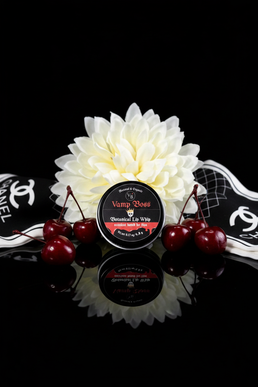 Vamp Boss Botanical Lip Whip jar with white dahlia flower and maraschino cherries — natural organic lip moisturizer, nutrient bomb for lips, made in Kalapuya Land Corvallis, Oregon USA