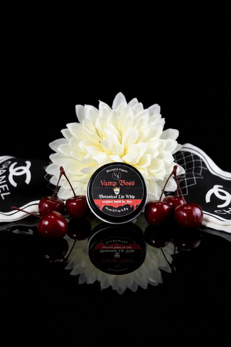 Vamp Boss Botanical Lip Whip jar with white dahlia flower and maraschino cherries — natural organic lip moisturizer, nutrient bomb for lips, made in Kalapuya Land Corvallis, Oregon USA