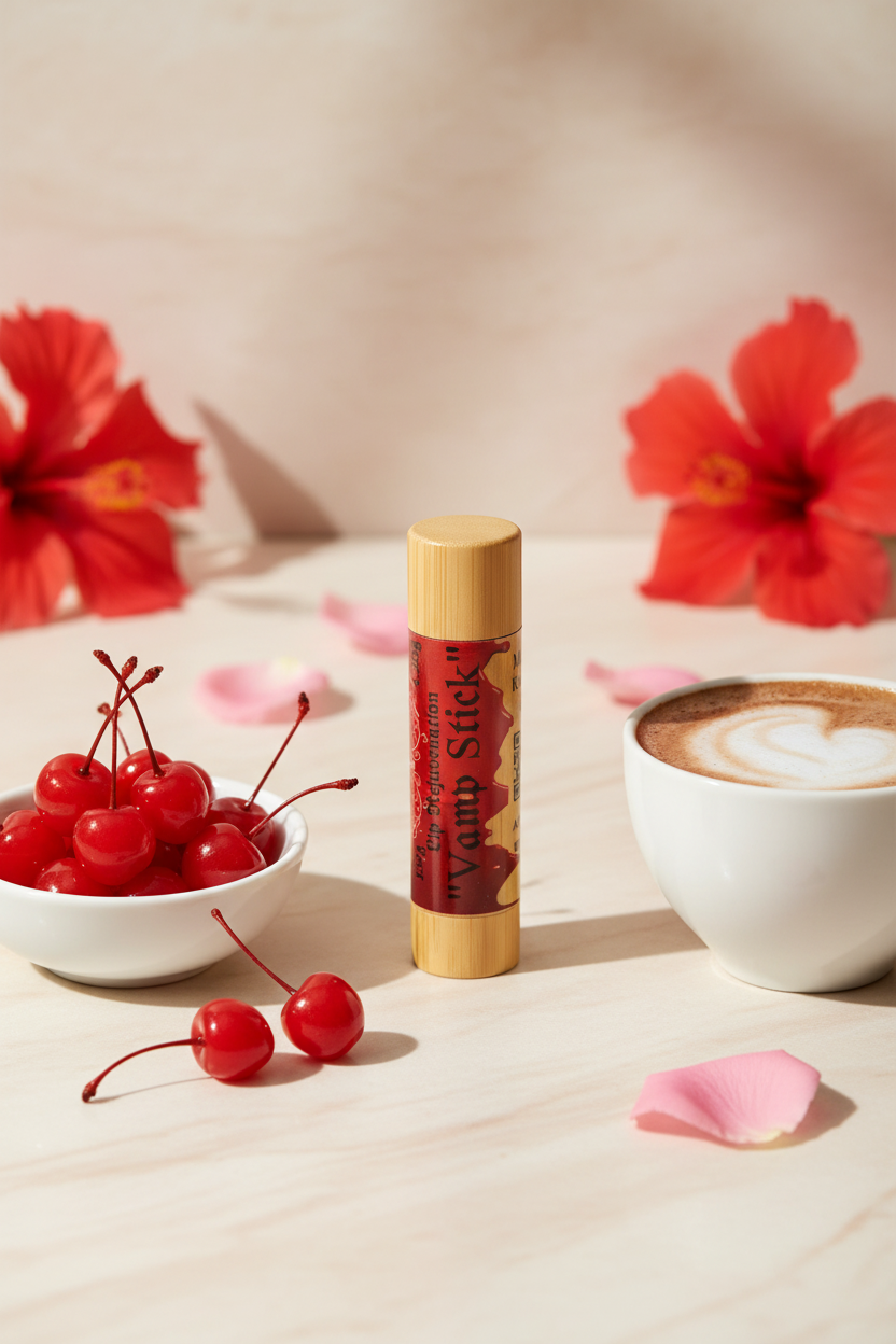 Vamp Stick Lip Rejuvenation bamboo lip balm with maraschino cherries, hibiscus flowers, and rose petals on cream marble — USDA organic naturally scented  lip care by Vamp Boss. Maraschino Cherries & Botanicals