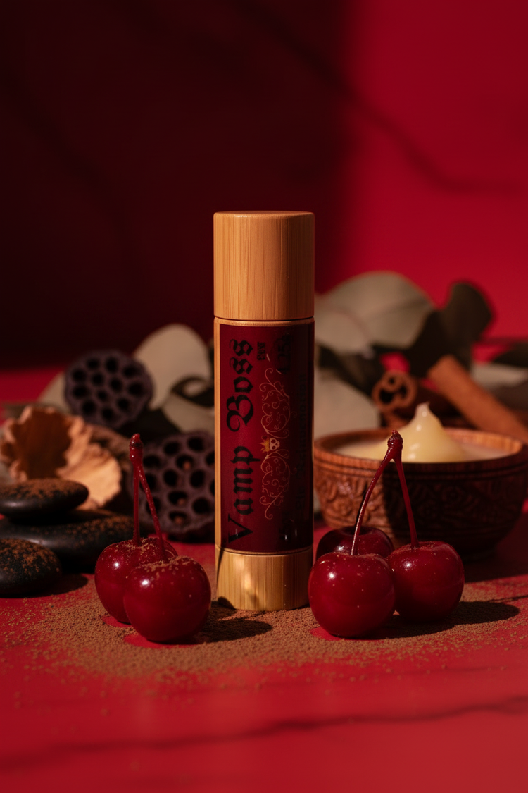 Vamp Boss Vamp Stick Lip Rejuvenation balm in bamboo container on gothic red background — natural organic lip treatment with Ayurvedic botanicals. Cherries and cocoa powder are next to a Vamp Stick to showcase this maraschino cherry and hot cocoa naturally scented lip balm.
