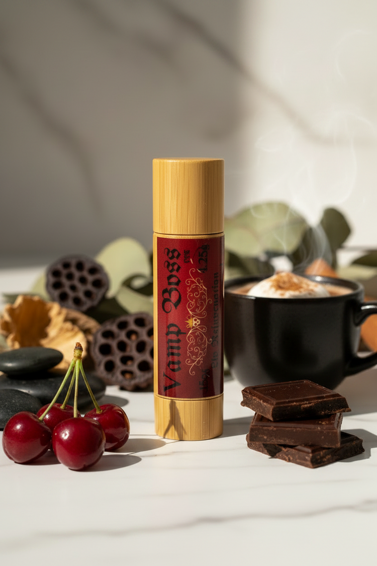 Vamp Boss Vamp Stick organic lip balm in bamboo tube styled with maraschino cherries and hot cocoa — Maraschino Cherry and Hot Cocoa scented lip rejuvenation treatment. USDA organic flavors only. no synthetic scents or flavors